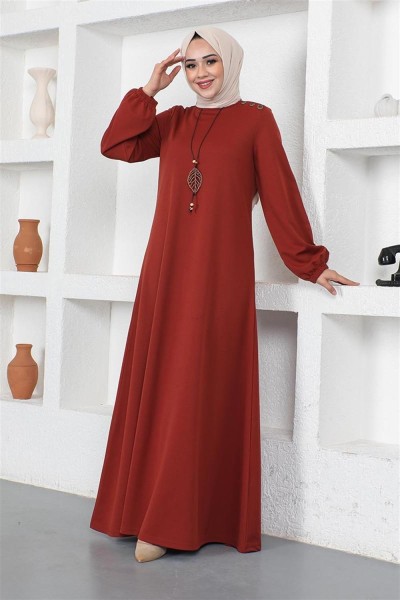 Kolyeli Bisiklet Yaka Tesettür Elbise KİREMİT - Thumbnail