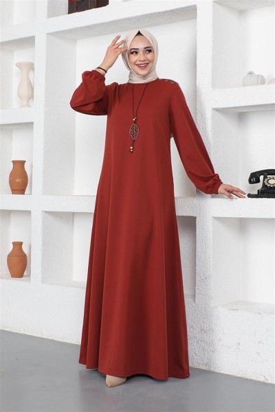 Kolyeli Bisiklet Yaka Tesettür Elbise KİREMİT - Thumbnail