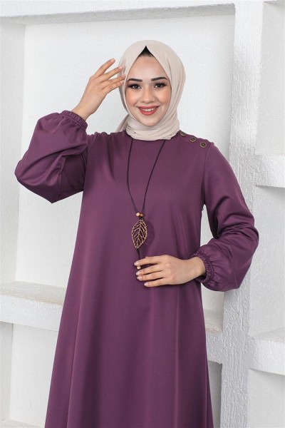 Kolyeli Bisiklet Yaka Tesettür Elbise MOR - Thumbnail