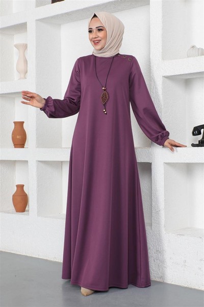 Kolyeli Bisiklet Yaka Tesettür Elbise MOR - Thumbnail