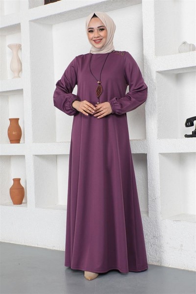 Kolyeli Bisiklet Yaka Tesettür Elbise MOR - Thumbnail