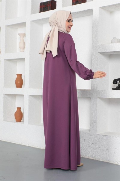 Kolyeli Bisiklet Yaka Tesettür Elbise MOR - Thumbnail