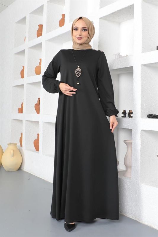 Kolyeli Bisiklet Yaka Tesettür Elbise SİYAH - 1