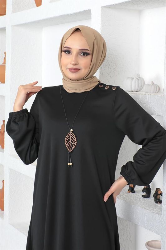 Kolyeli Bisiklet Yaka Tesettür Elbise SİYAH - 2