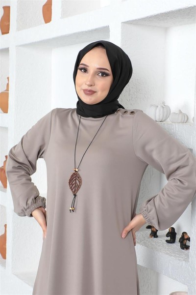 Kolyeli Bisiklet Yaka Tesettür Elbise VİZON - Thumbnail