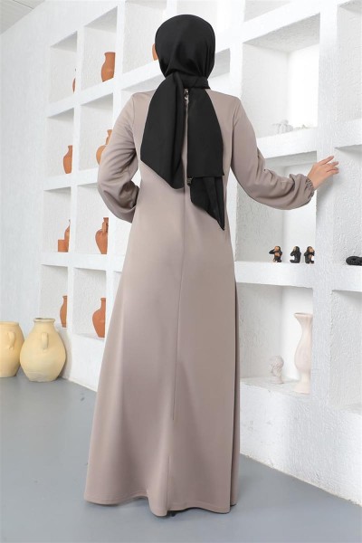 Kolyeli Bisiklet Yaka Tesettür Elbise VİZON - Thumbnail