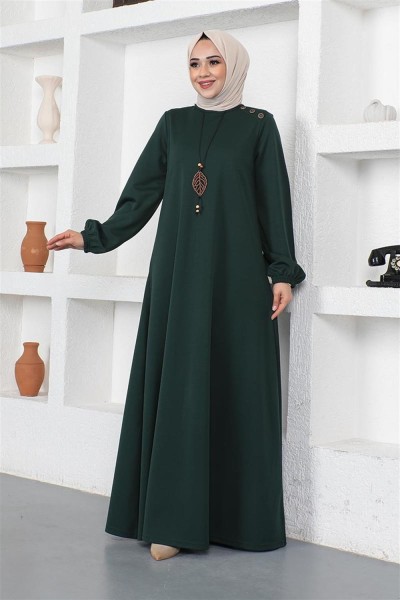 Kolyeli Bisiklet Yaka Tesettür Elbise ZÜMRÜT YEŞİLİ - Thumbnail