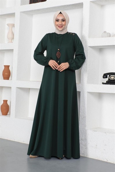 Kolyeli Bisiklet Yaka Tesettür Elbise ZÜMRÜT YEŞİLİ - Thumbnail