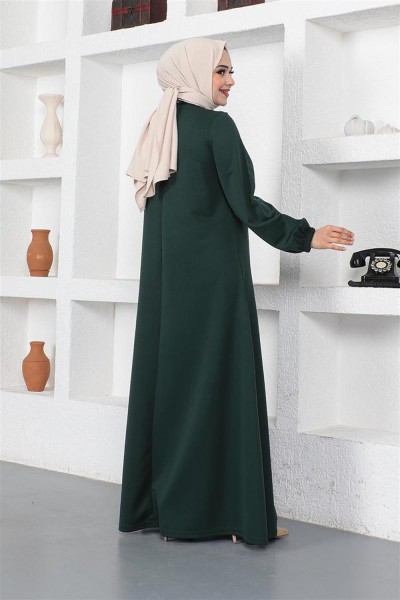 Kolyeli Bisiklet Yaka Tesettür Elbise ZÜMRÜT YEŞİLİ - Thumbnail