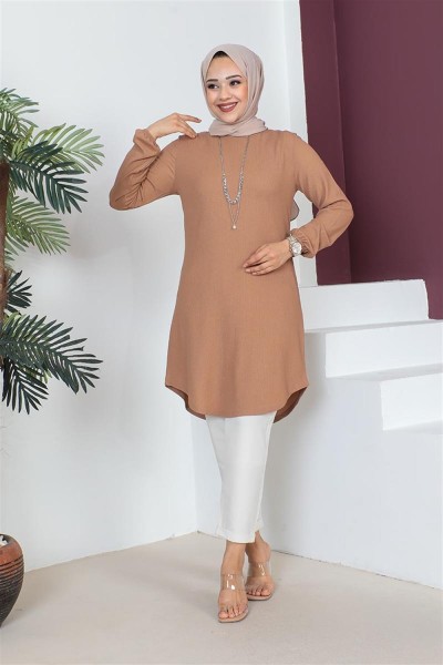 Kolyeli Bürümcük Tunik BEJ - Thumbnail