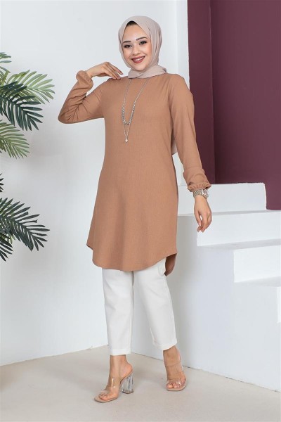 Kolyeli Bürümcük Tunik BEJ - Thumbnail