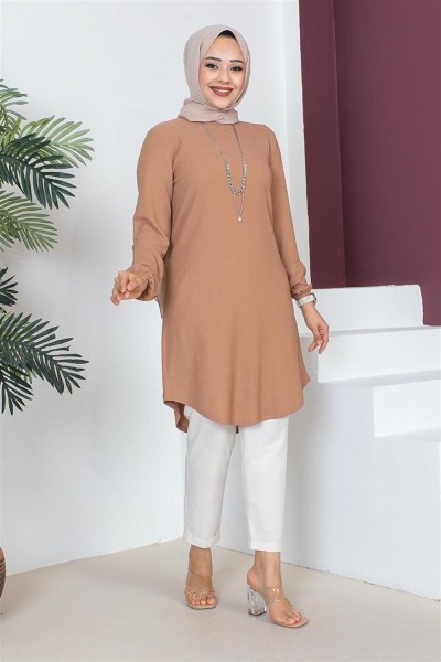 Kolyeli Bürümcük Tunik BEJ - Thumbnail
