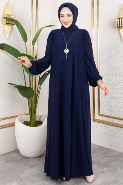 Kolyeli Sandy Elbise LACİVERT - Thumbnail