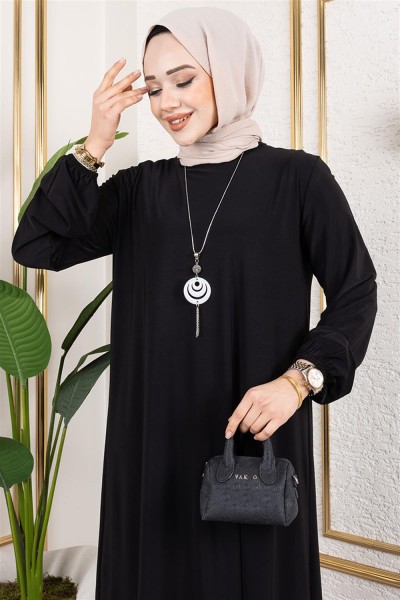 Kolyeli Sandy Elbise SİYAH - Thumbnail