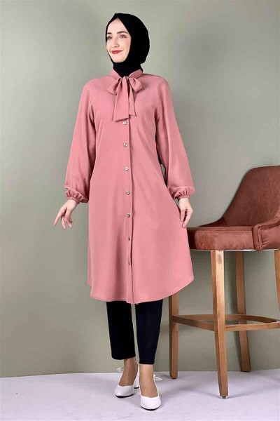Kravat Yaka Düğmeli Tunik PUDRA - Thumbnail