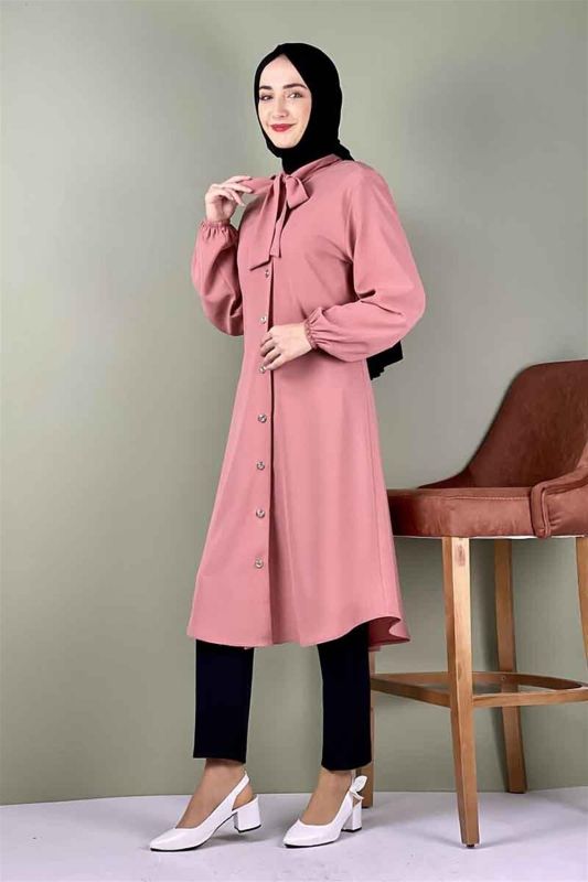 Kravat Yaka Düğmeli Tunik PUDRA - 3