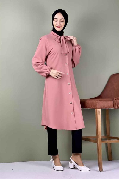 Kravat Yaka Düğmeli Tunik PUDRA - Thumbnail