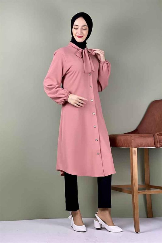 Kravat Yaka Düğmeli Tunik PUDRA - 4