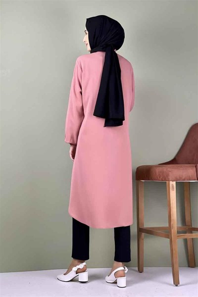 Kravat Yaka Düğmeli Tunik PUDRA - Thumbnail