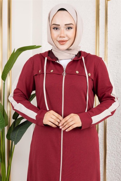 Kuş Gözü Şerit Detay Spor Ferace BORDO - Thumbnail