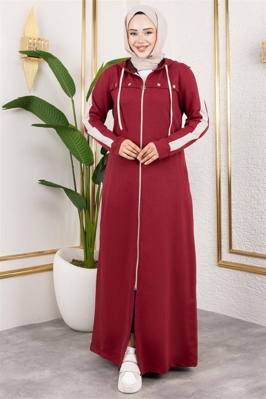 Kuş Gözü Şerit Detay Spor Ferace BORDO - 2