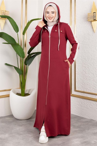 Kuş Gözü Şerit Detay Spor Ferace BORDO - Thumbnail