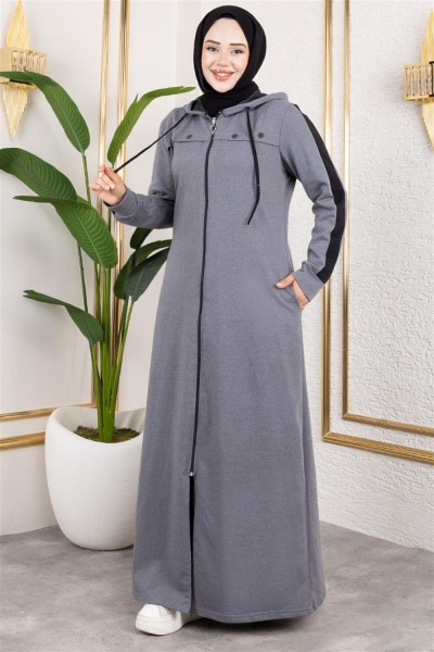 Kuş Gözü Şerit Detay Spor Ferace GRİ - Thumbnail