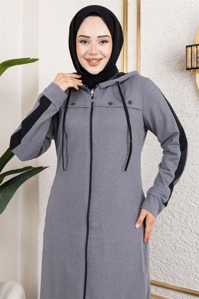 Kuş Gözü Şerit Detay Spor Ferace GRİ - Thumbnail