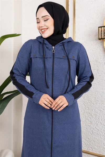 Kuş Gözü Şerit Detay Spor Ferace İNDİGO - Thumbnail