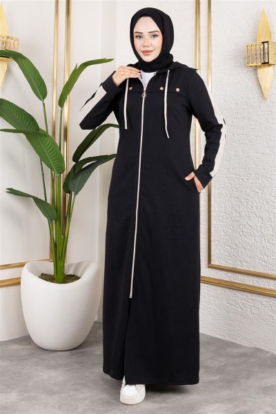 Kuş Gözü Şerit Detay Spor Ferace SİYAH - Thumbnail