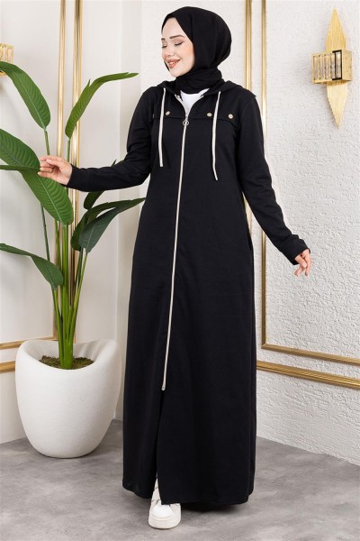 Kuş Gözü Şerit Detay Spor Ferace SİYAH - Thumbnail