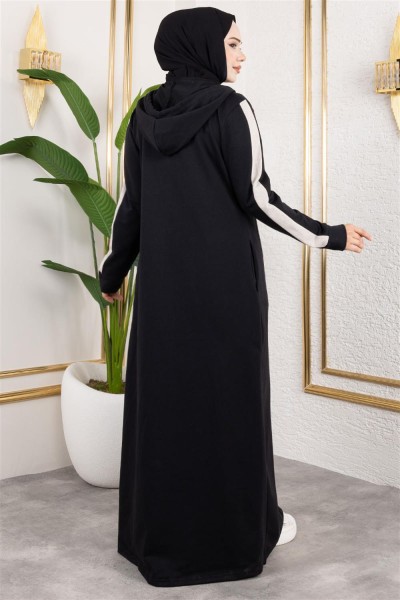 Kuş Gözü Şerit Detay Spor Ferace SİYAH - Thumbnail