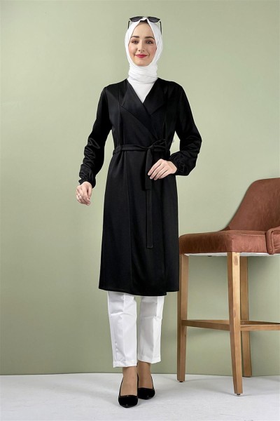 Kuşak Detaylı Kimono SİYAH - Thumbnail