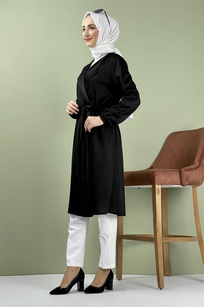 Kuşak Detaylı Kimono SİYAH - Thumbnail