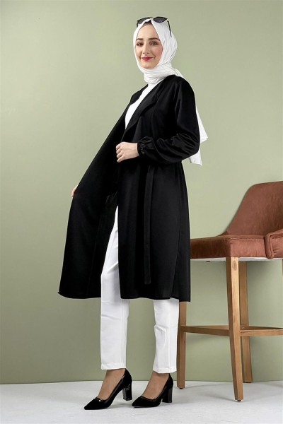 Kuşak Detaylı Kimono SİYAH - Thumbnail