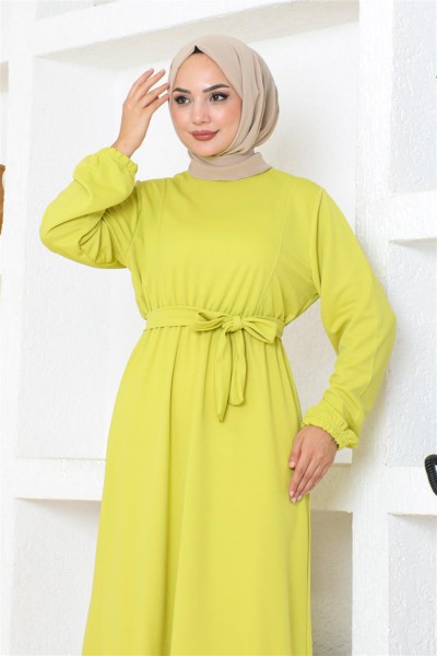 Kuşak Detaylı Tesettür Elbise ASİT - Thumbnail