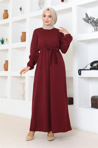 Kuşak Detaylı Tesettür Elbise BORDO - Thumbnail