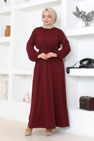 Kuşak Detaylı Tesettür Elbise BORDO - Thumbnail