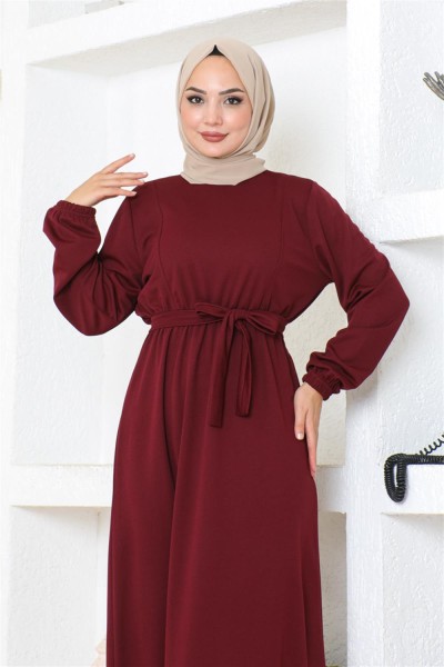 Kuşak Detaylı Tesettür Elbise BORDO - Thumbnail