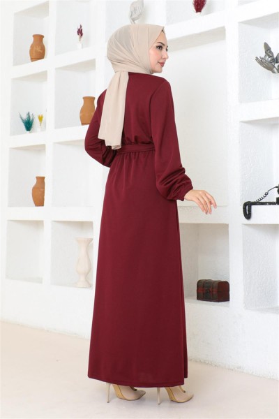 Kuşak Detaylı Tesettür Elbise BORDO - Thumbnail