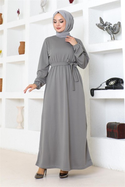 Kuşak Detaylı Tesettür Elbise GRİ - Thumbnail