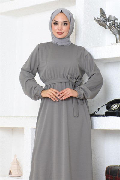 Kuşak Detaylı Tesettür Elbise GRİ - Thumbnail