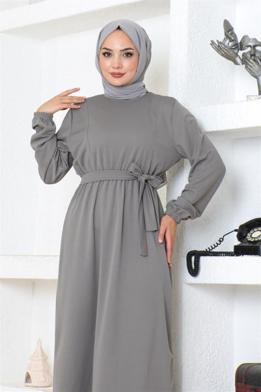 Kuşak Detaylı Tesettür Elbise GRİ - 4