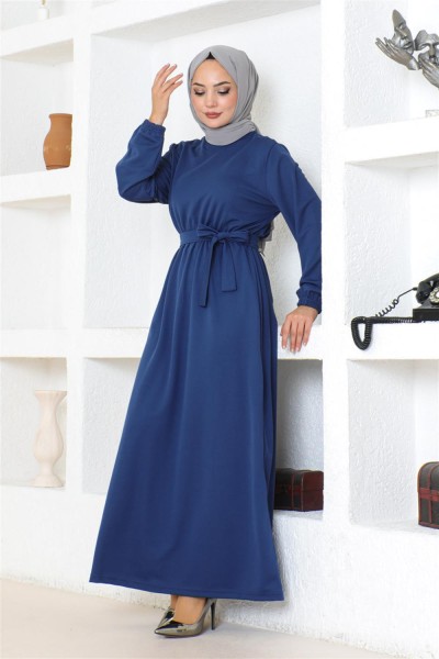 Kuşak Detaylı Tesettür Elbise İNDİGO - Thumbnail