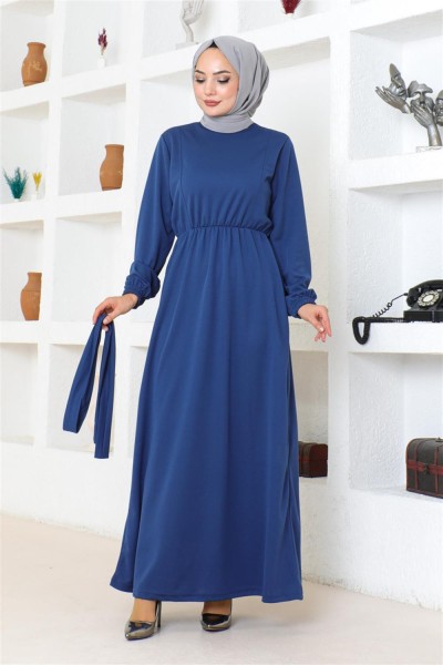 Kuşak Detaylı Tesettür Elbise İNDİGO - Thumbnail