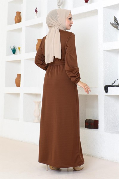 Kuşak Detaylı Tesettür Elbise KAHVERENGİ - Thumbnail