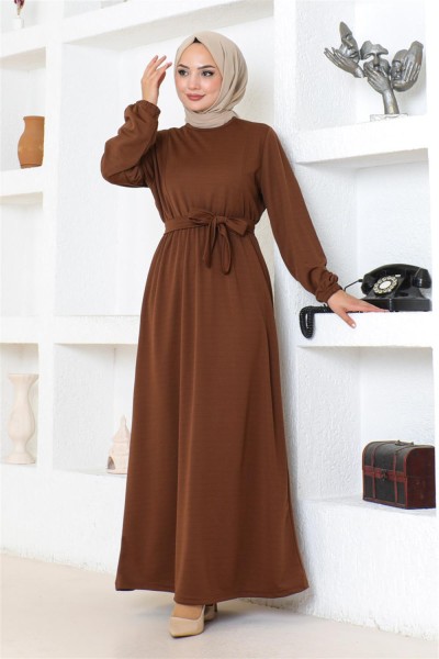 Kuşak Detaylı Tesettür Elbise KAHVERENGİ - Thumbnail