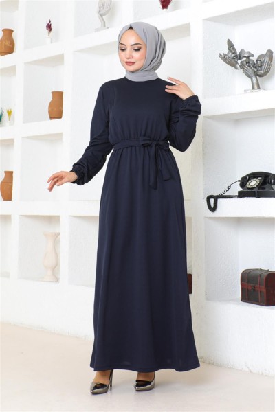 Kuşak Detaylı Tesettür Elbise LACİVERT - Thumbnail