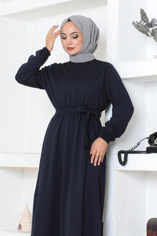Kuşak Detaylı Tesettür Elbise LACİVERT - 4