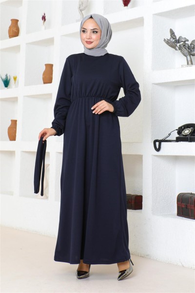 Kuşak Detaylı Tesettür Elbise LACİVERT - Thumbnail
